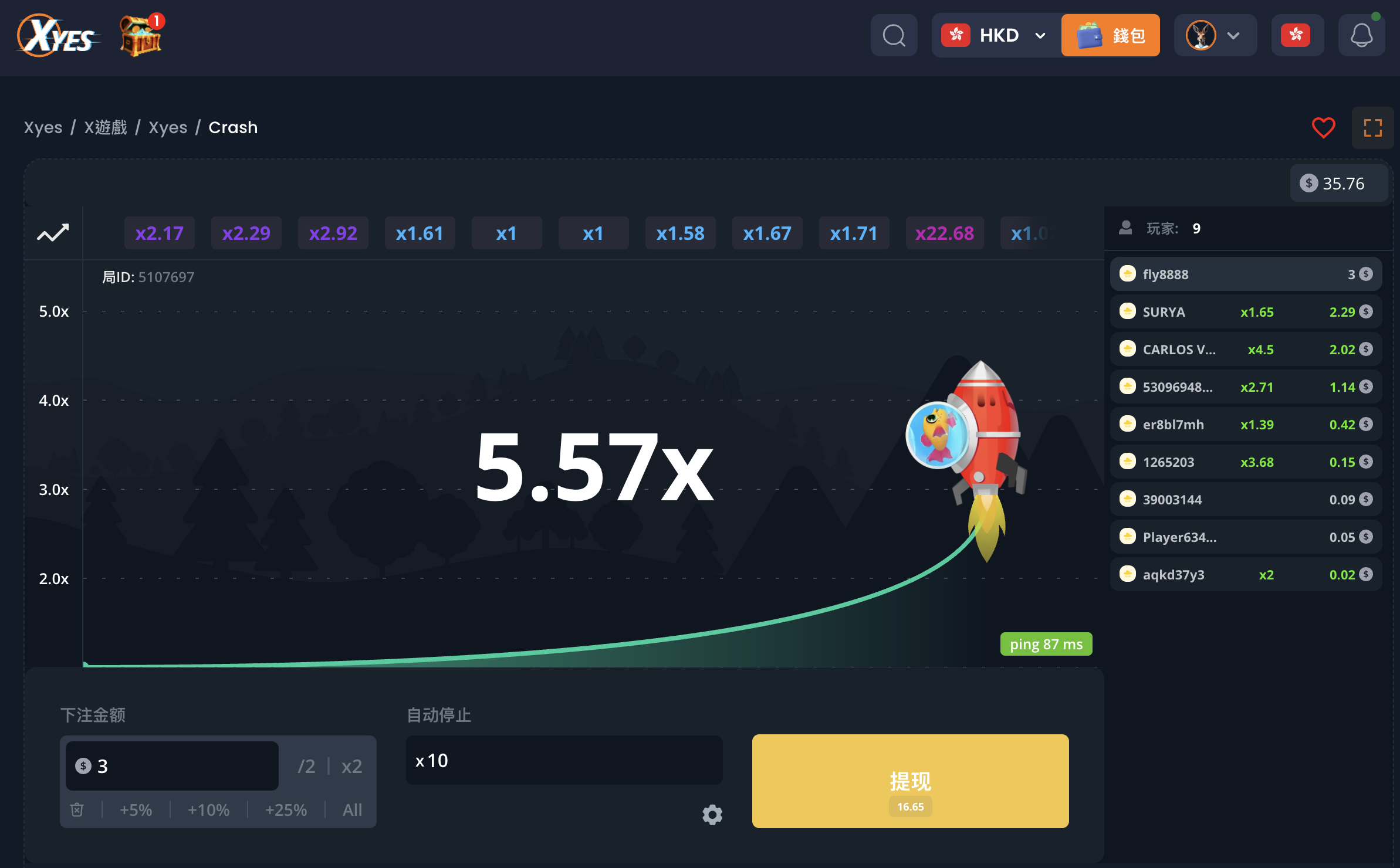 XYES Crash game interface showing 5.57x multiplier with rocket graphic and player bet list
