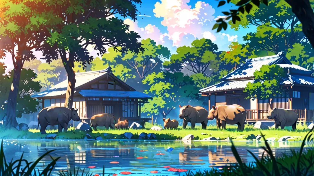 Serene Japanese landscape with rhinos