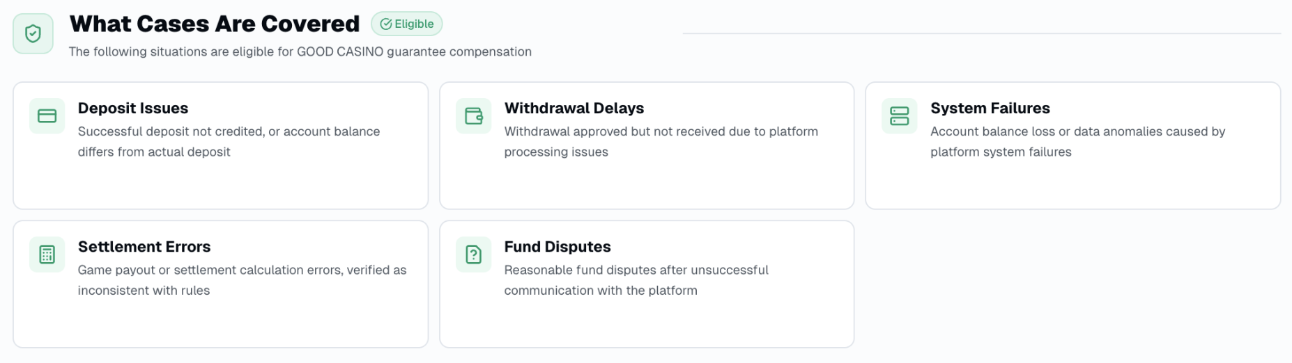 XYES guarantee fund covered situations: deposit issues, withdrawal delays, system failures, settlement errors, fund disputes