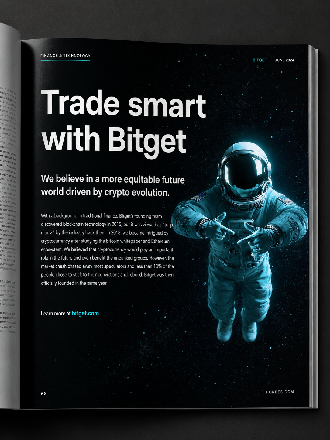 Typography hierarchy in print — Bitget Forbes magazine spread with display headline, subheading and body copy alongside an astronaut visual