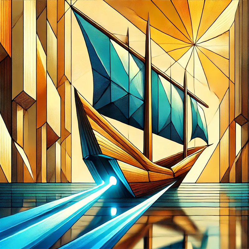 Artistic interpretation of a Tarida boat with geometric patterns and futuristic light beams