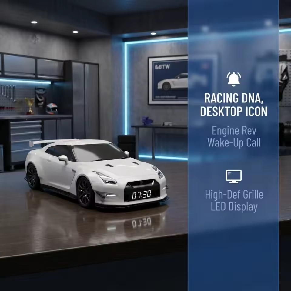 White sports car alarm clock with racing-inspired LED display features