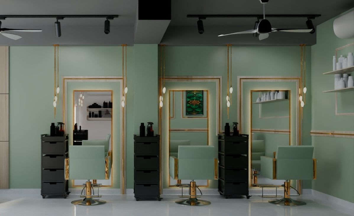 Modern mirrors and grooming stations with professional lighting
