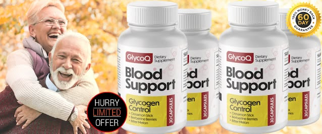Happy senior couple with GlycoQ Blood Support supplement bottles and 60-day money-back guarantee