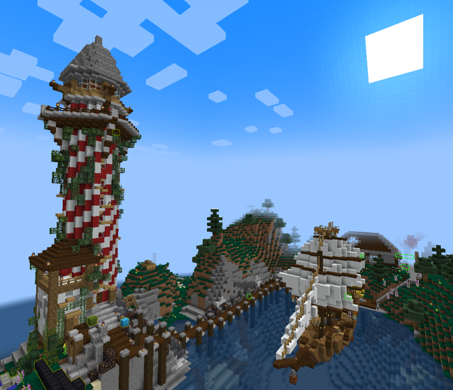 A striped lighthouse tower beside a wooden harbor and ship on Fracture