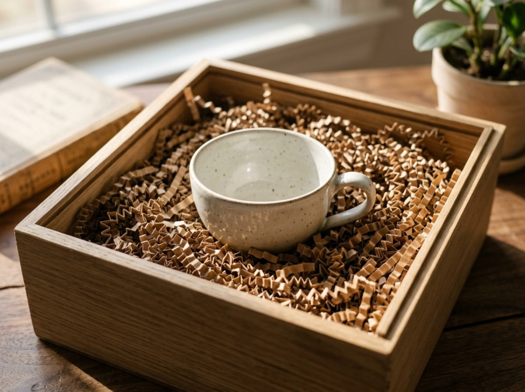Tasse en céramique posée sur de la frisure kraft dans une boîte en bois