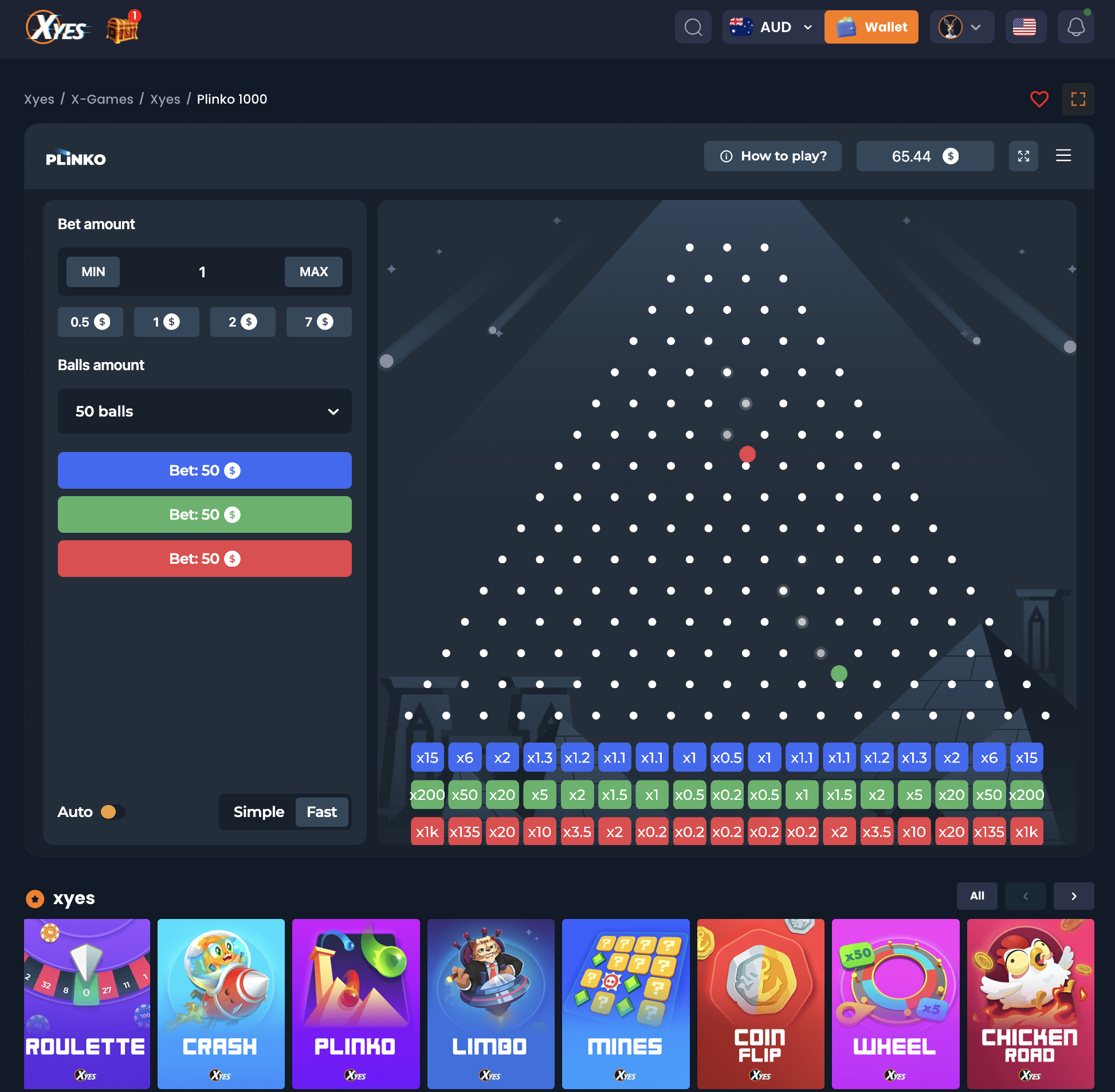 XYES Plinko game interface showing pin board, risk modes and multiplier slots