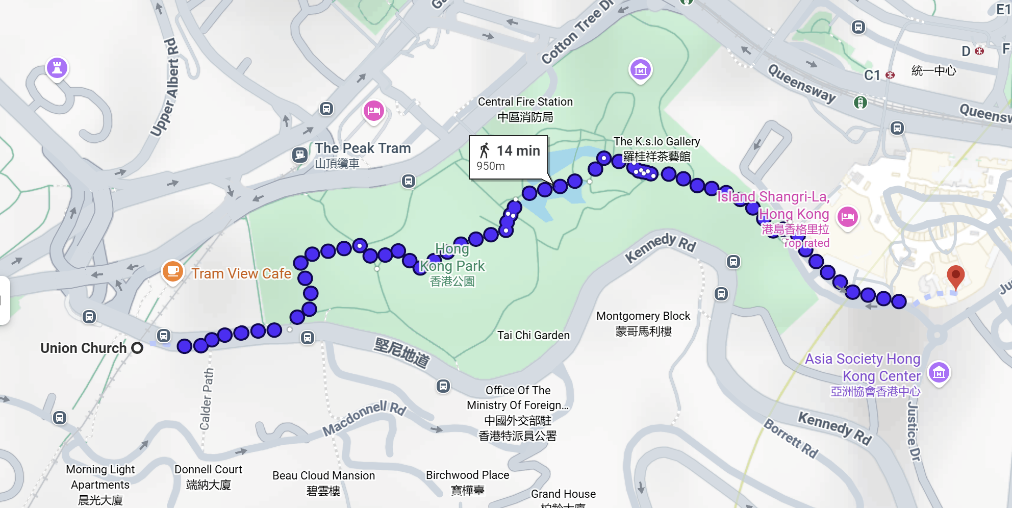 Walking route from Union Church to Conrad Hotel through Hong Kong Park