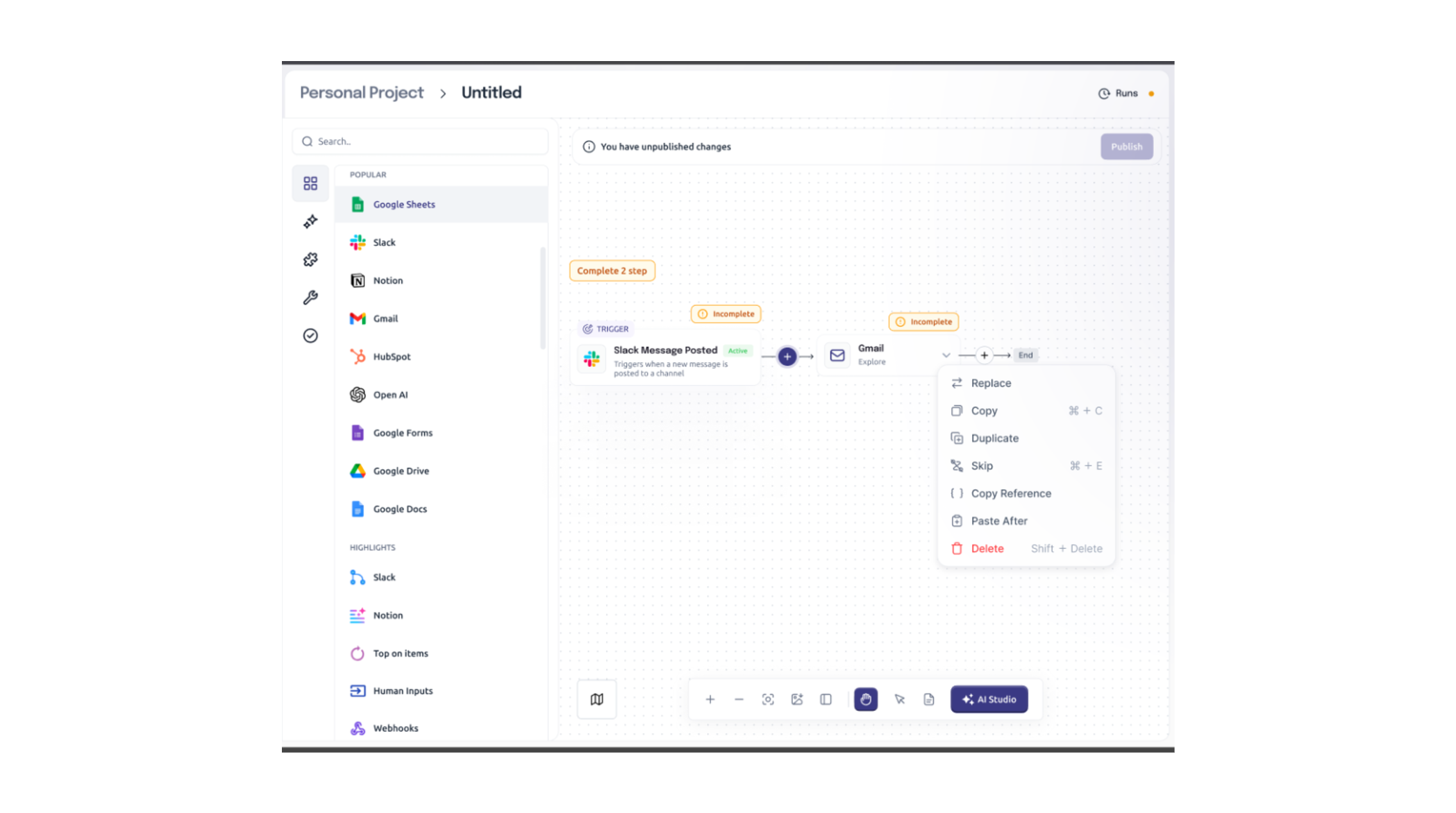 AiSurge visual workflow canvas — drag-and-drop builder with Slack trigger, Gmail action, and AI Studio panel