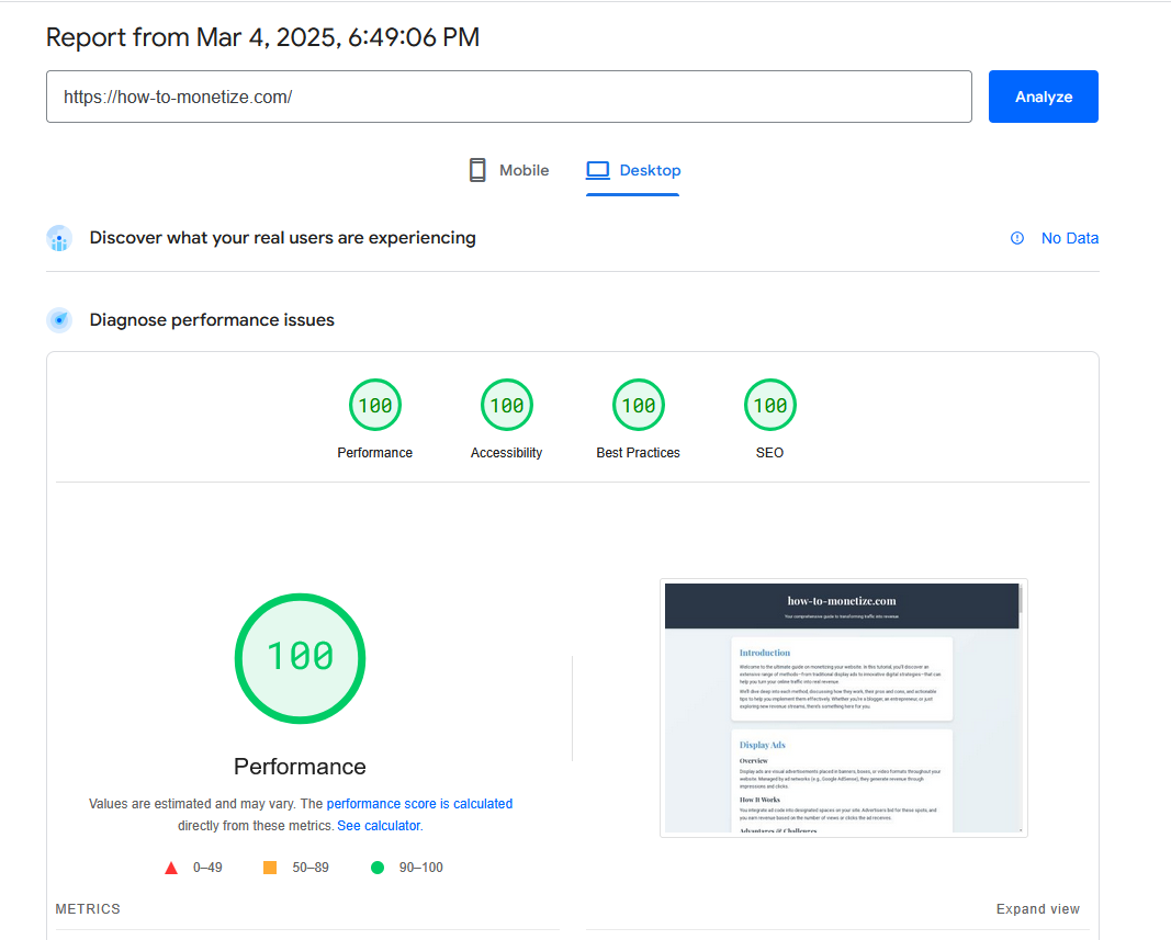 Perfect performance scores showing 100/100 for Performance, Accessibility, Best Practices, and SEO