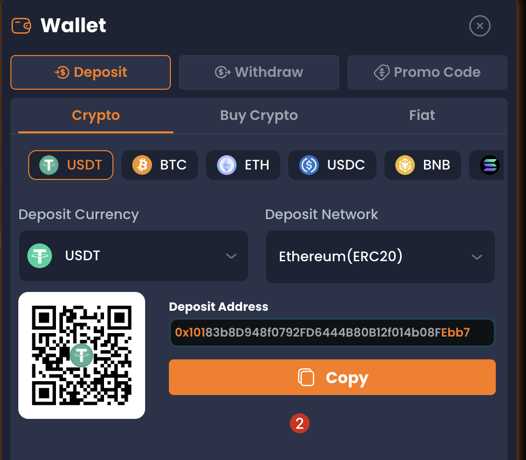 XYES Wallet Deposit panel with Crypto, Currency, Network