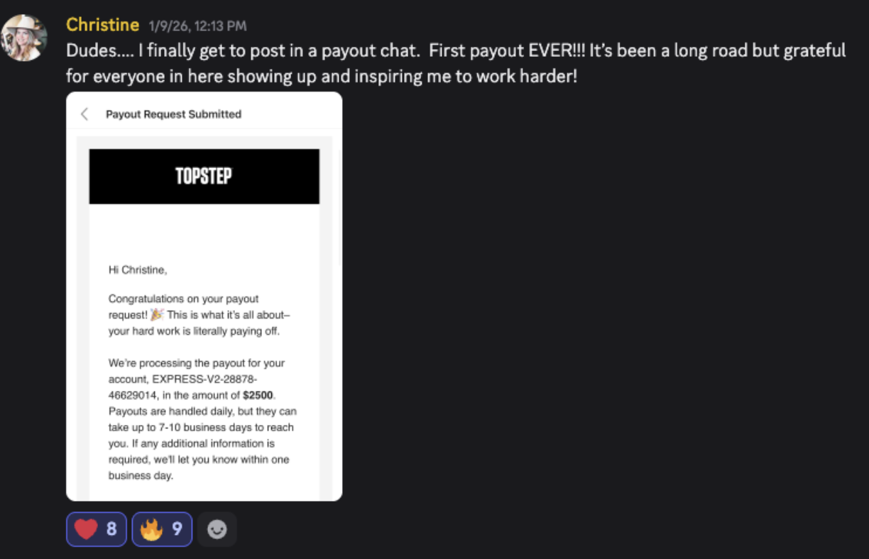 Christine — first payout EVER, Topstep $2,500 payout request submitted