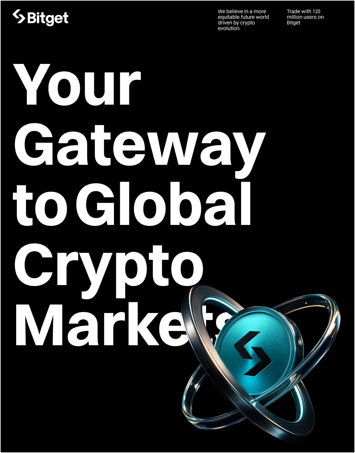 Your Gateway to Global Crypto Markets — bold headline layout with Bitget orbit sculpture