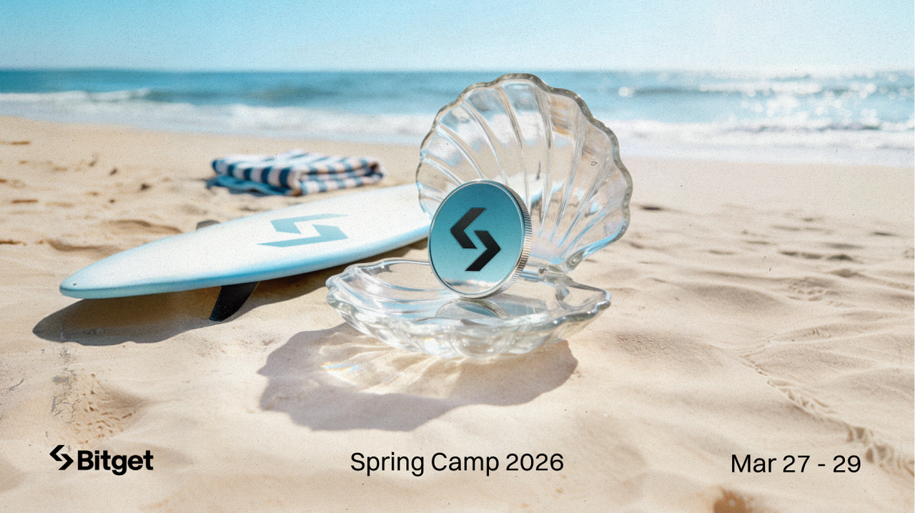 Spring Camp 2026 — Bitget coin in glass clam shell on sandy beach with surfboard, Mar 27–29