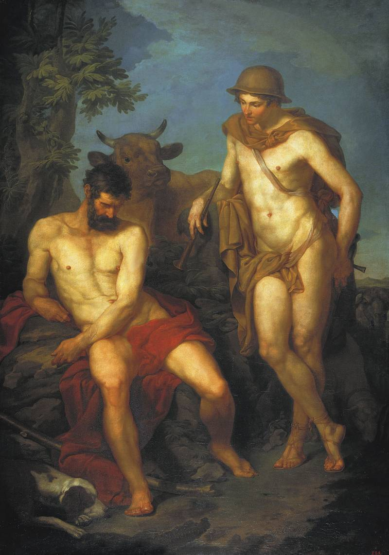 Classical painting depicting Hermes speaking to Argus