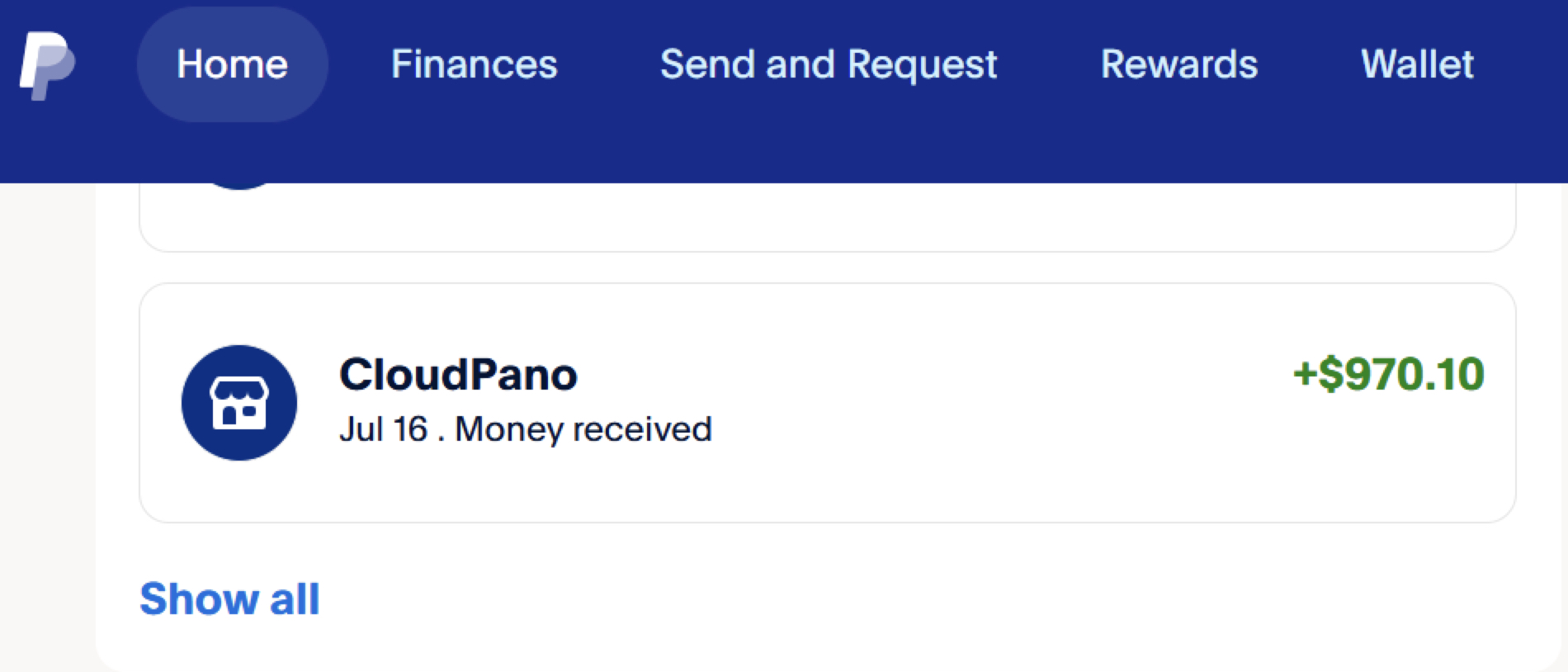 PayPal transaction showing $970.10 received from CloudPano on July 16