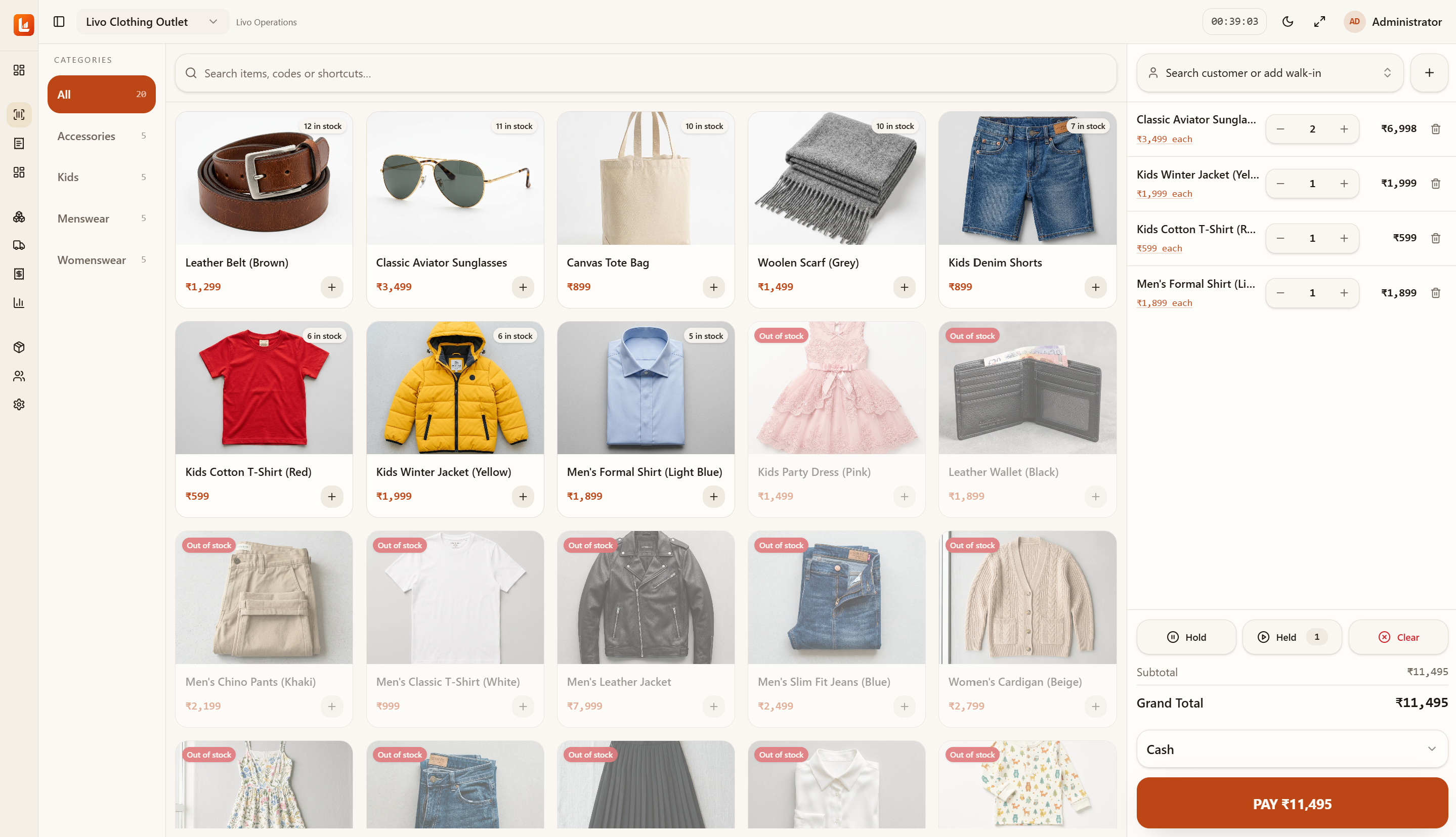 Livo point of sale screen showing products and checkout