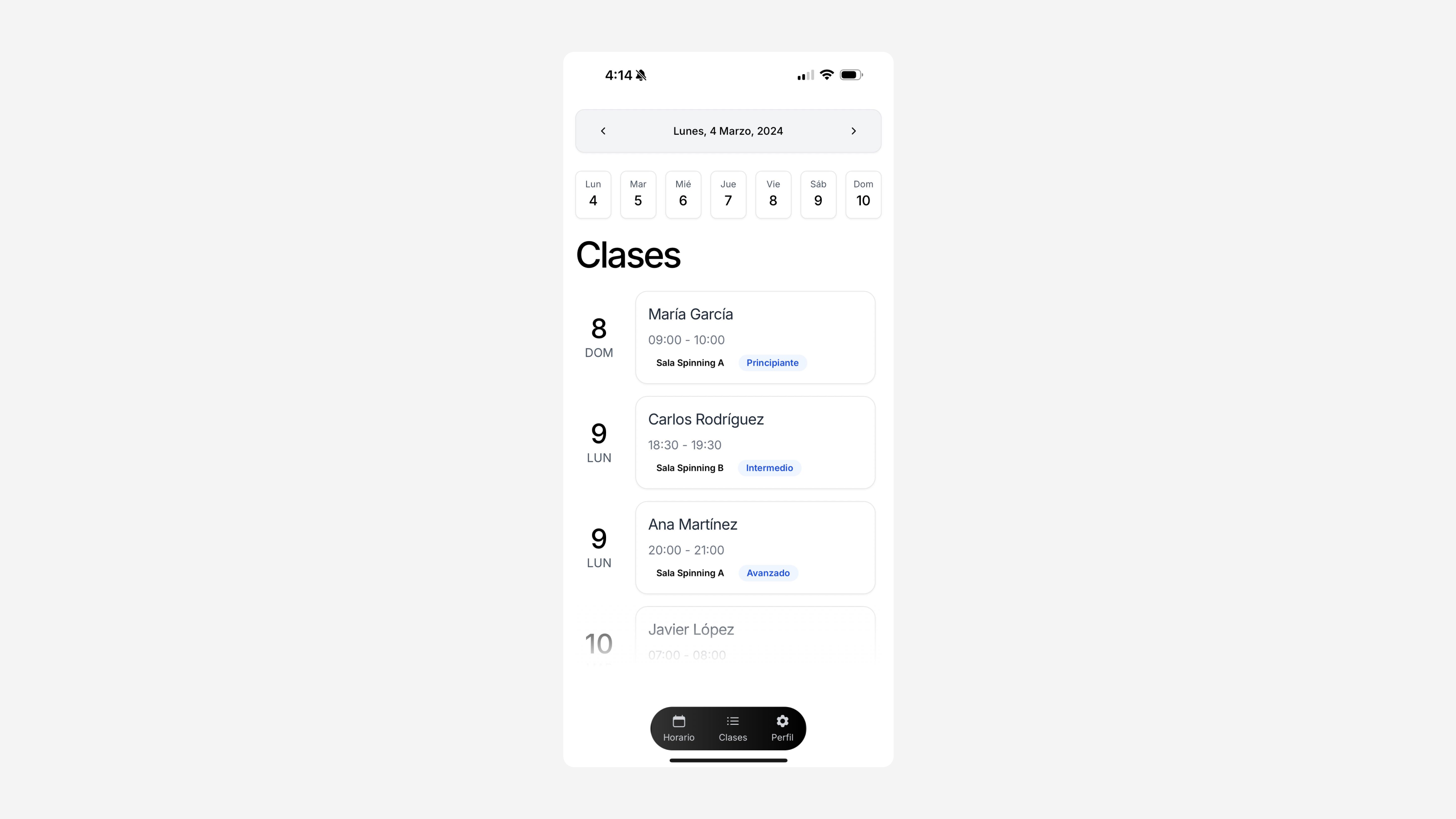 Fitness class scheduling interface showing spinning classes calendar view