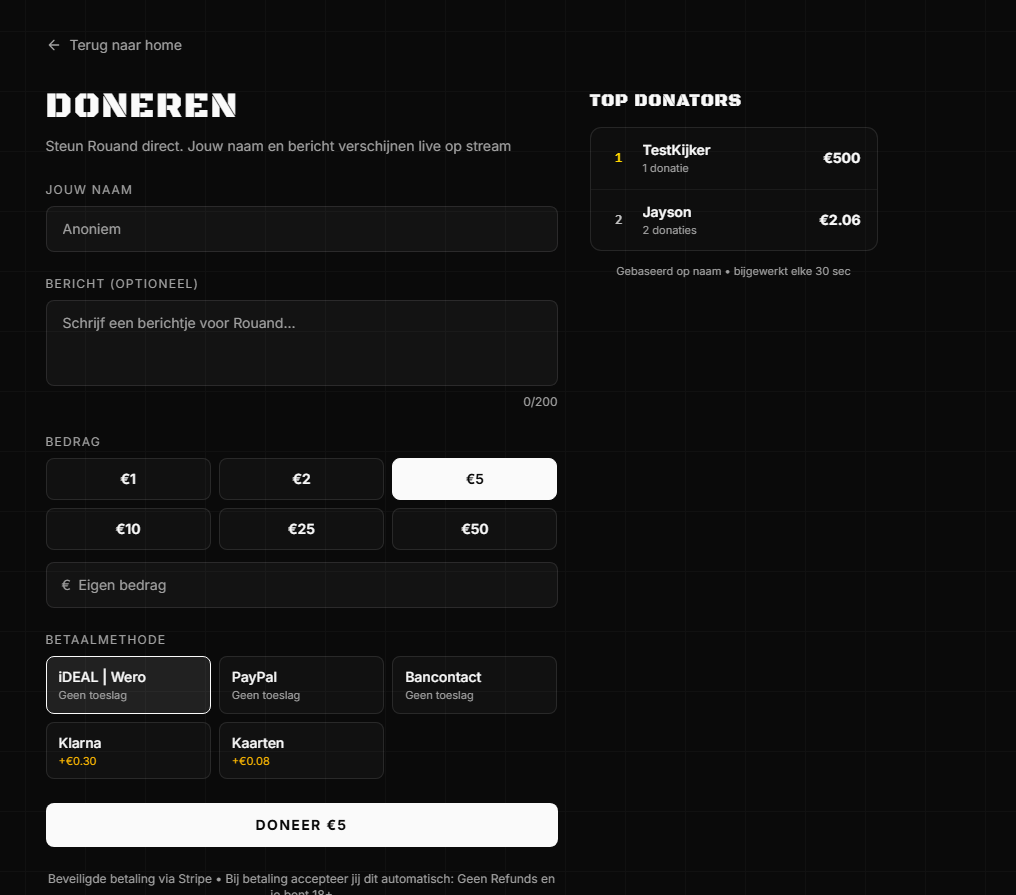 Voorbeeld van een donatiepagina met bedragknoppen, betaalmethoden en top donators