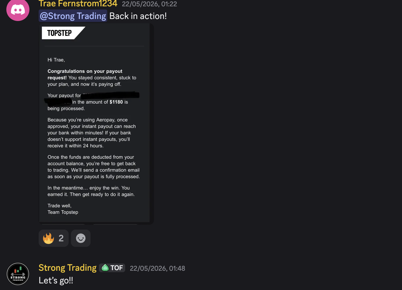 Trae Fernstrom — Topstep Back in action, $1,180 payout email