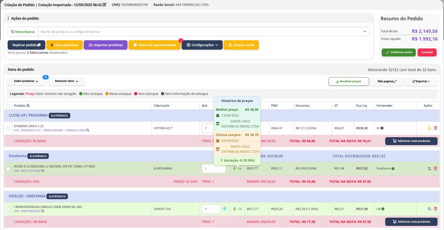 Interface do Sistema de Cotação Gruppy