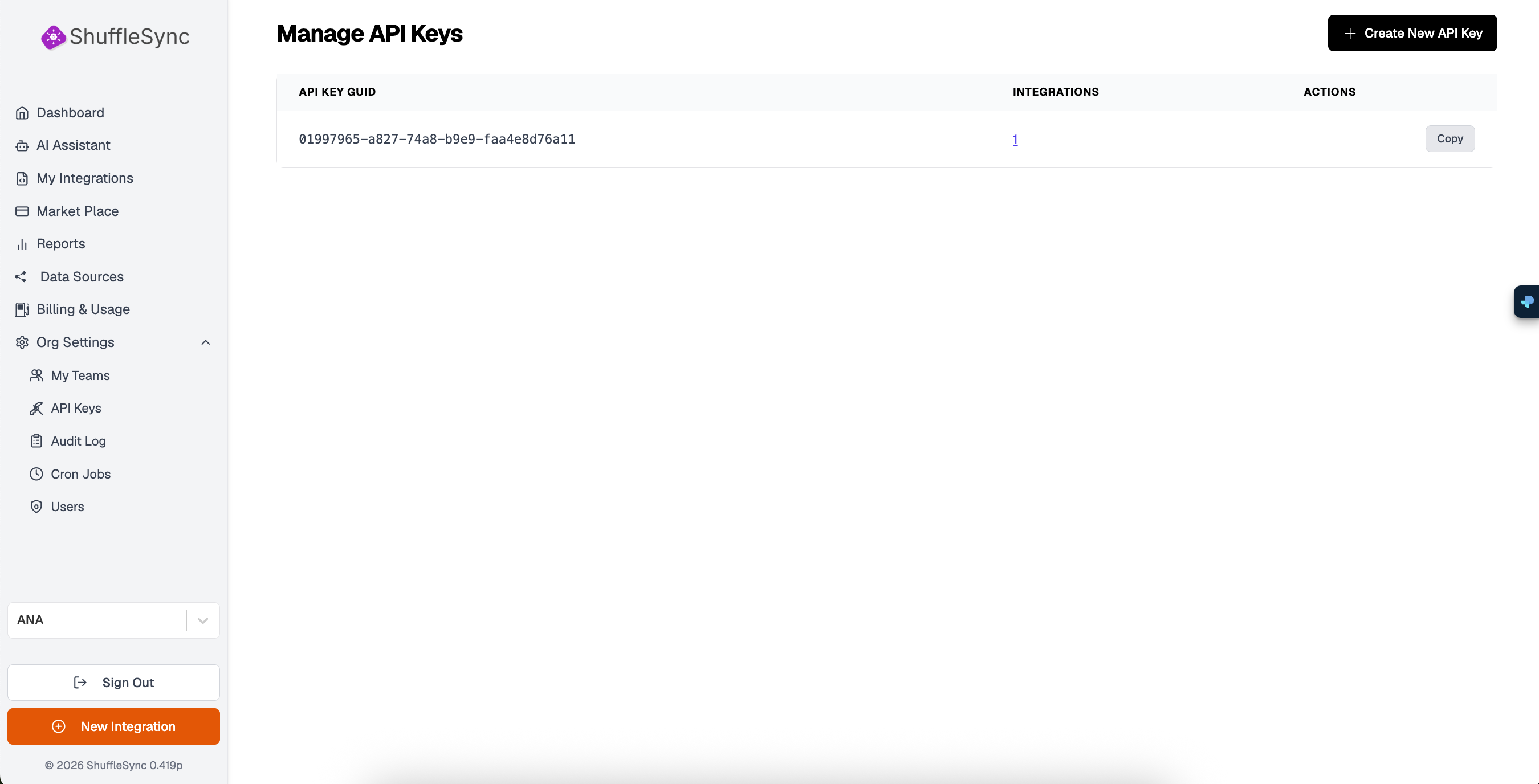ShuffleSync API Keys management page
