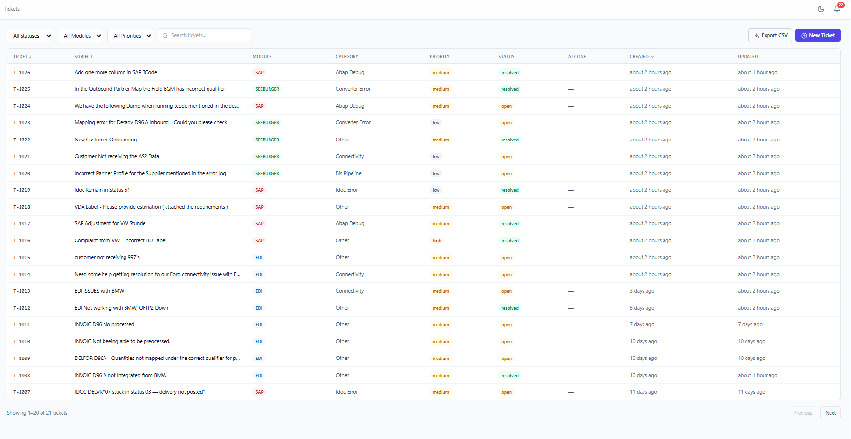 Ticket management interface