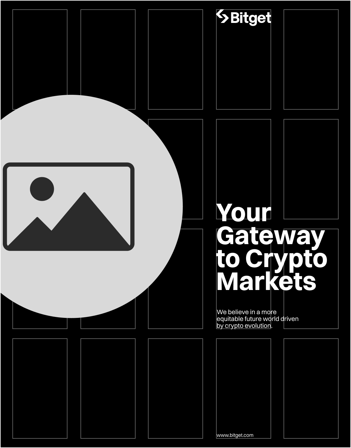 Your Gateway to Crypto Markets — 5-column grid overlay with hero placeholder