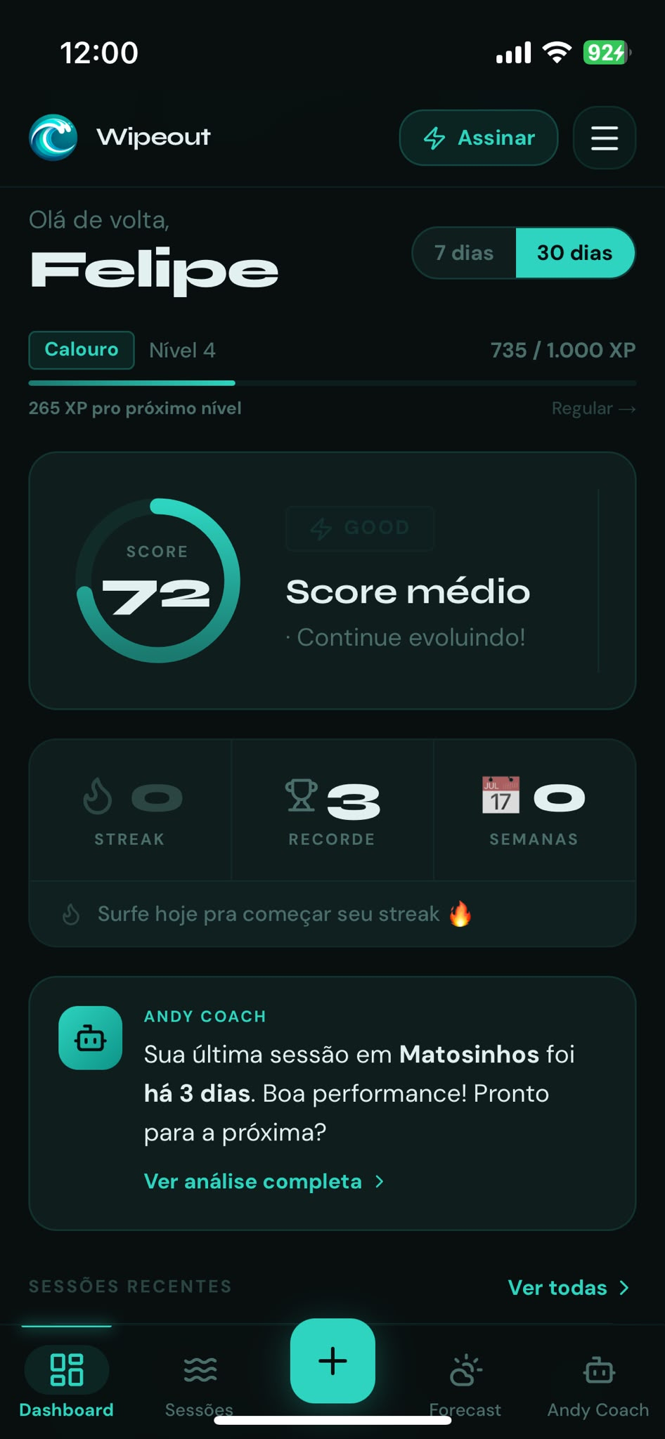 Tela mobile do dashboard Wipeout