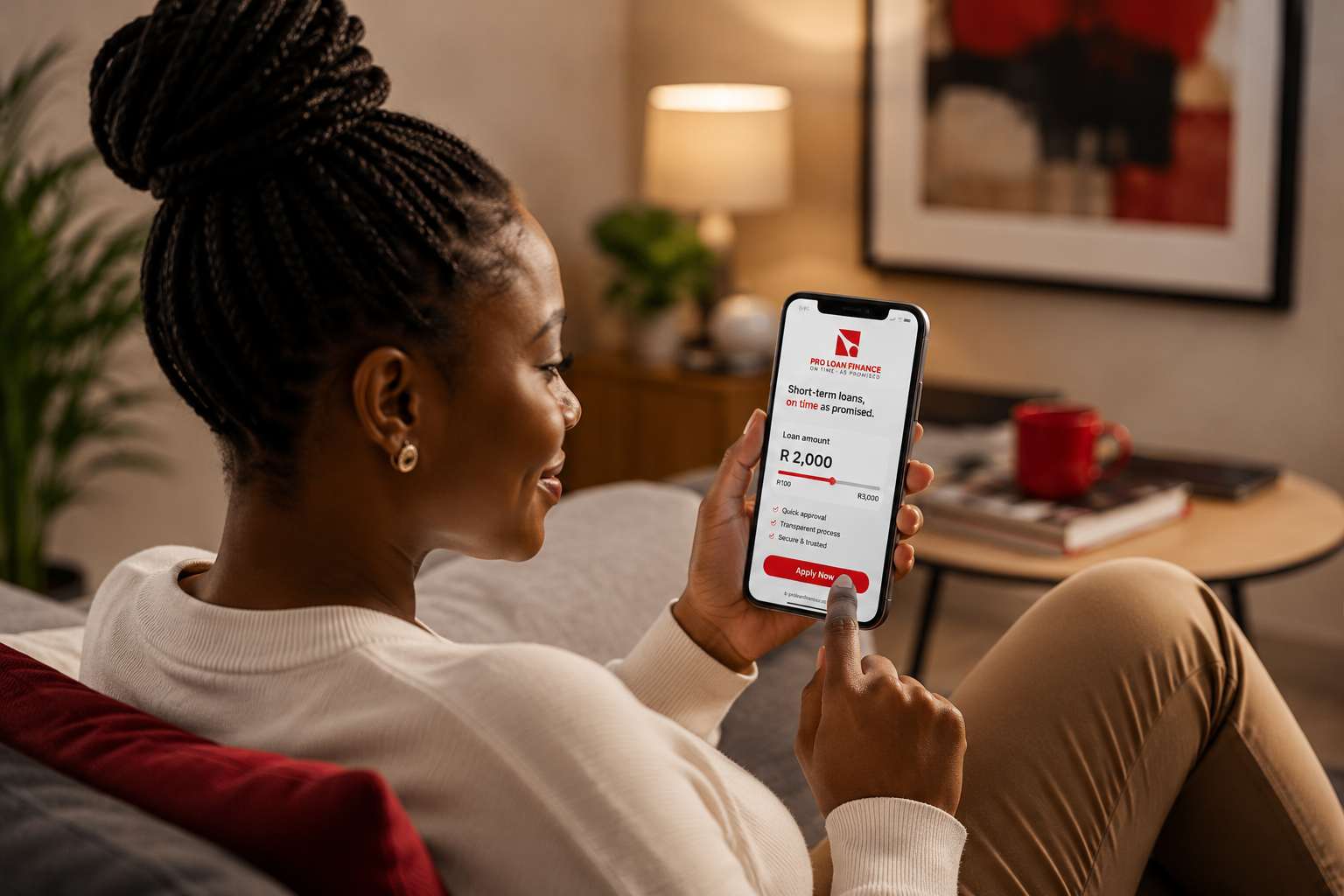 Woman using Pro Loan Finance app on phone