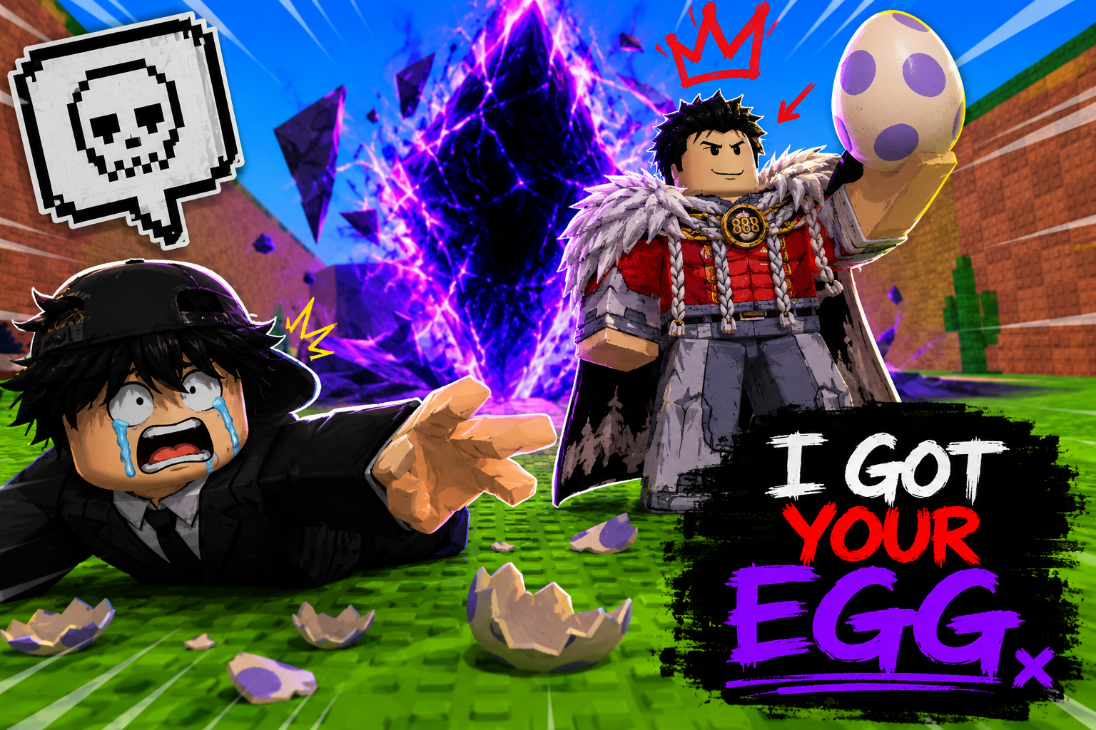 Riku holding the egg while KIRX reaches for it