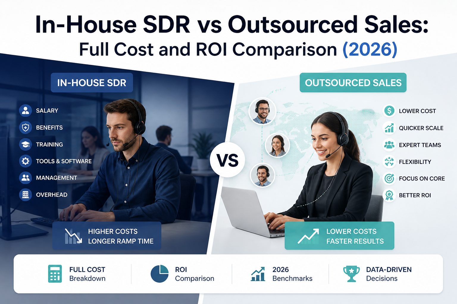 In-House SDR vs Outsourced Sales: Full Cost and ROI Comparison (2026) — split comparison showing in-house SDR costs (salary, benefits, training, tools, management, overhead) vs outsourced sales benefits (lower cost, quicker scale, expert teams, flexibility, better ROI)