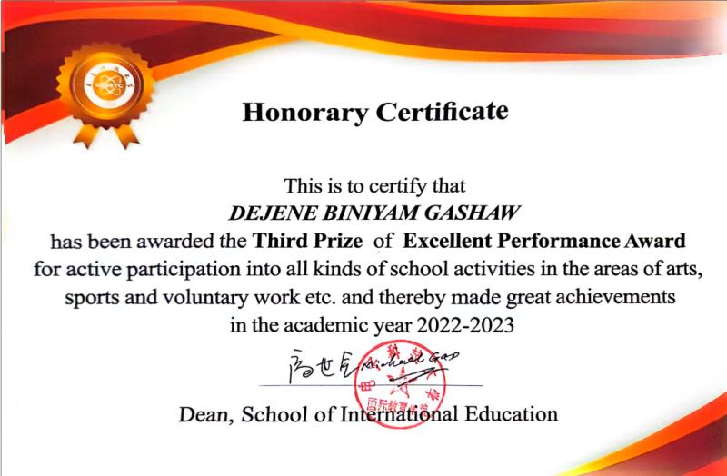 Honorary Certificate - Excellent Performance