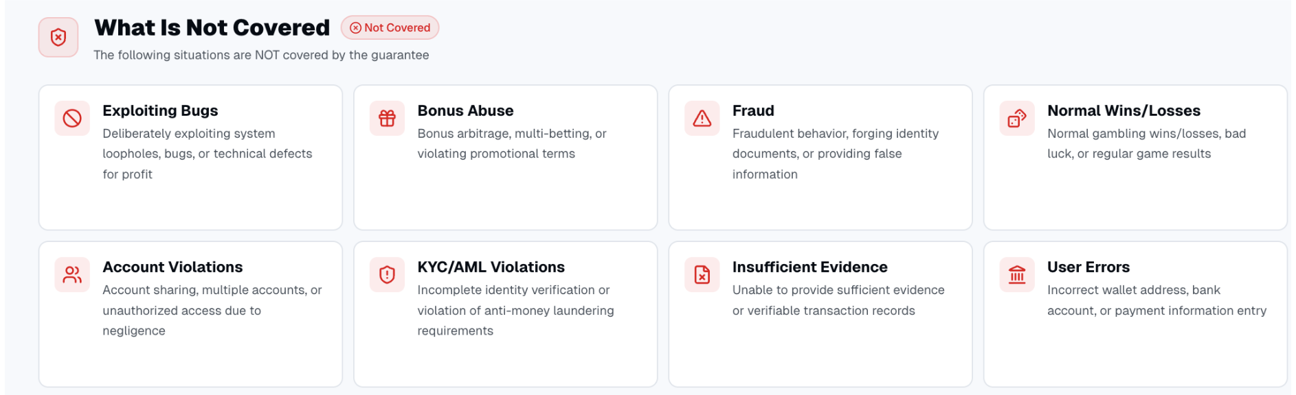 XYES guarantee fund exclusions: exploiting bugs, bonus abuse, fraud, normal wins/losses, account violations, KYC violations, insufficient evidence, user errors