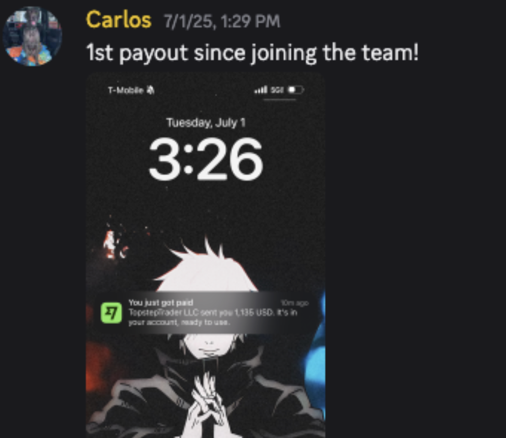 Carlos — 1st payout since joining the team, Topstep $1,135 lock screen notification