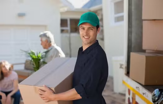 Professional mover carrying a box