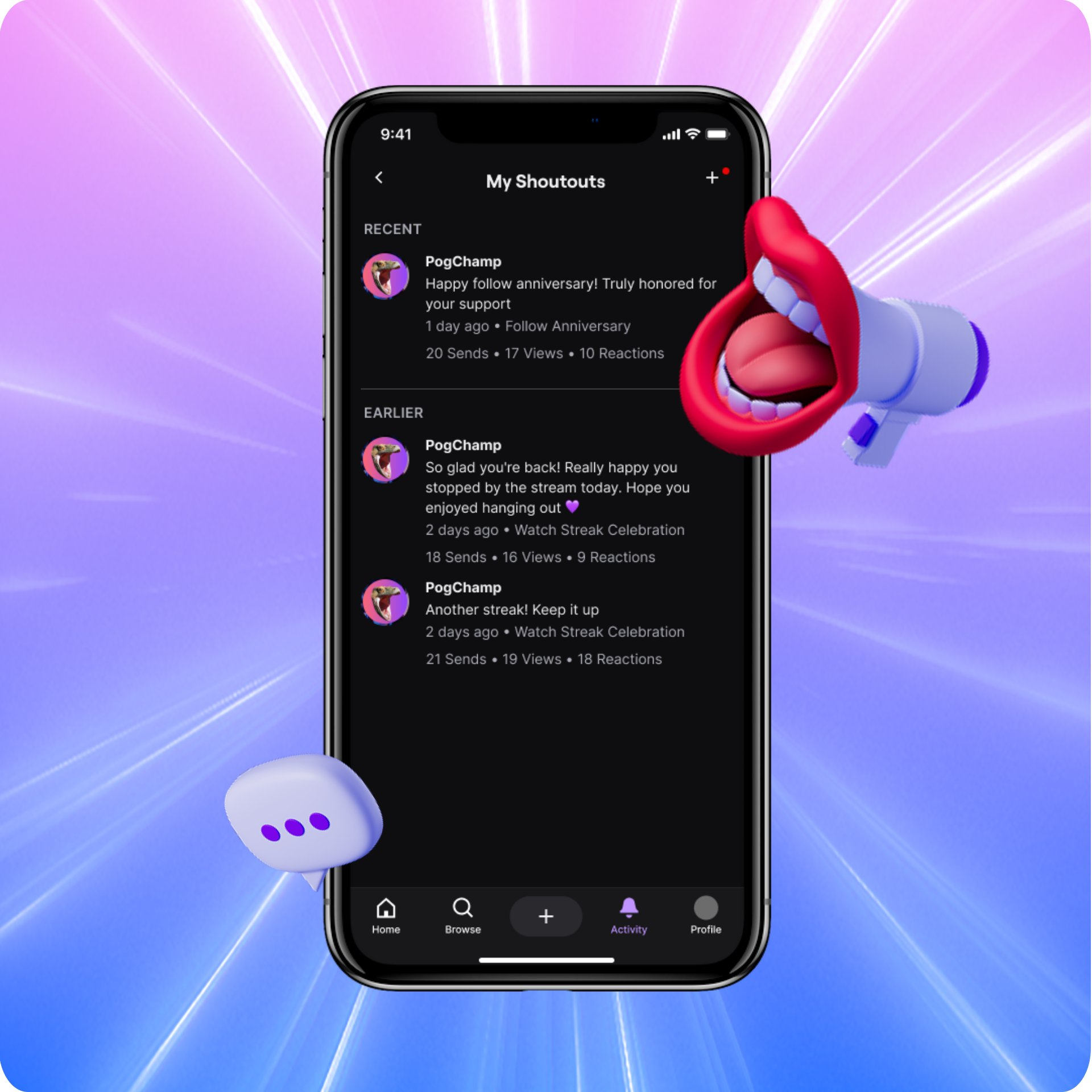 Twitch Streamer Shouts UI — My Shoutouts screen showing personalized messages for Follow Anniversary and Watch Streak Celebration milestones