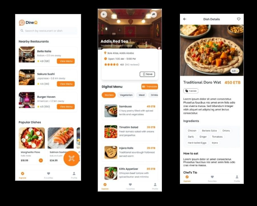 DineQ Mobile App Restaurant Discovery and Details