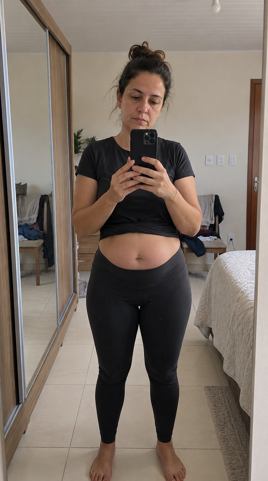Lúcia antes: foto no espelho do quarto mostrando a barriga