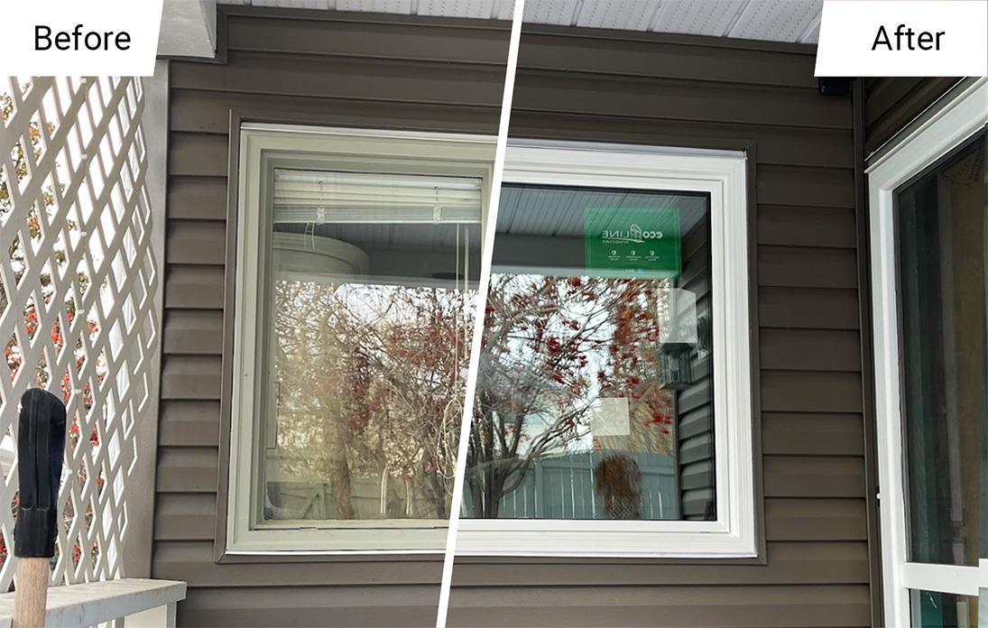 Before and after showing old foggy window vs new clear energy-efficient window