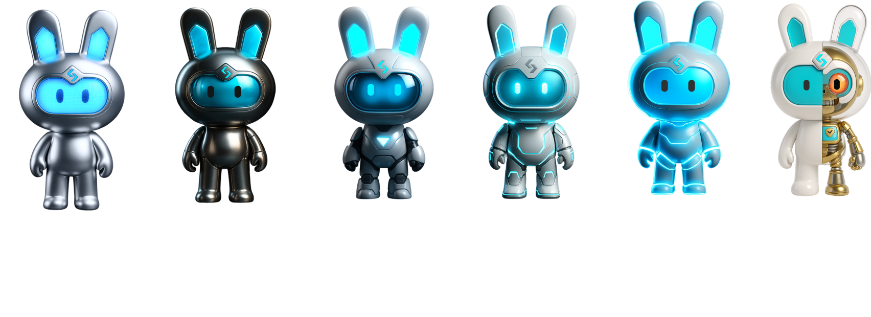Bunz character variants — six colourways: silver, dark metal, gunmetal armour, blue neon outline, glowing cyan, and half-white half-gold astronaut