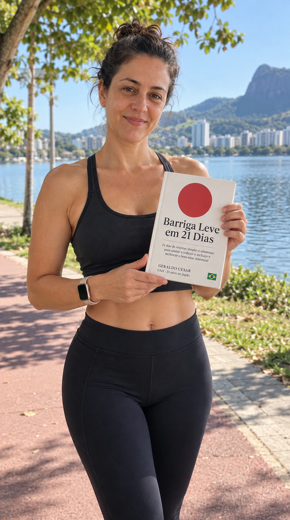 Lúcia depois: sorrindo ao ar livre com o livro Barriga Leve em 21 Dias