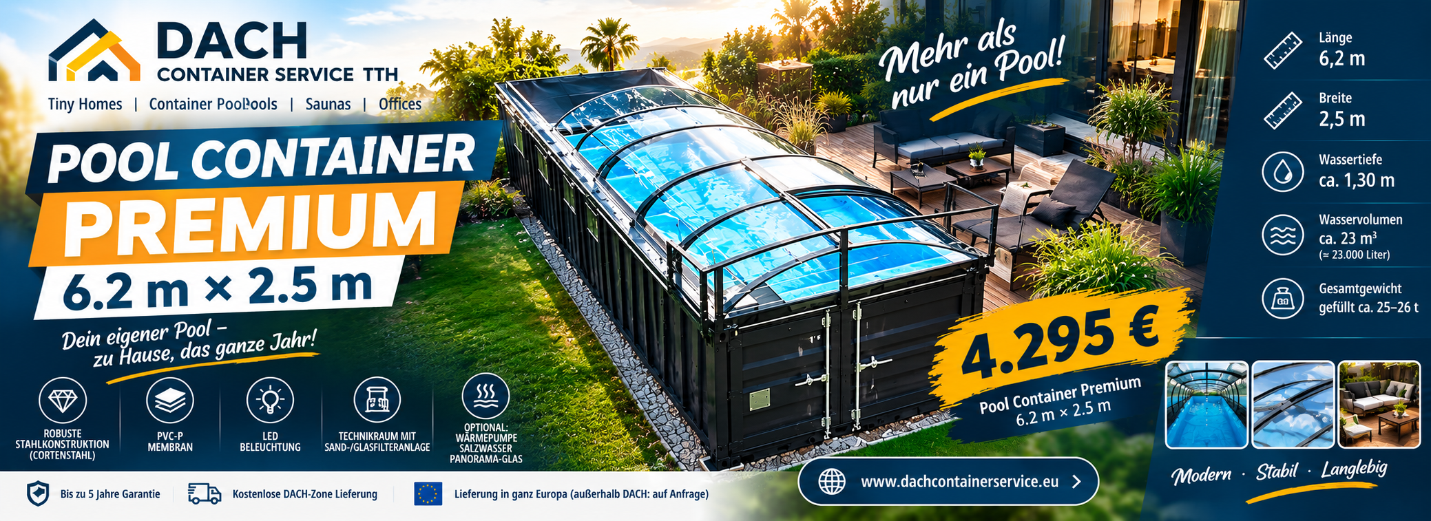 Pool Container Premium 6,2 m x 2,5 m mit Abdeckung, LED-Beleuchtung und DACH-Standardlieferung