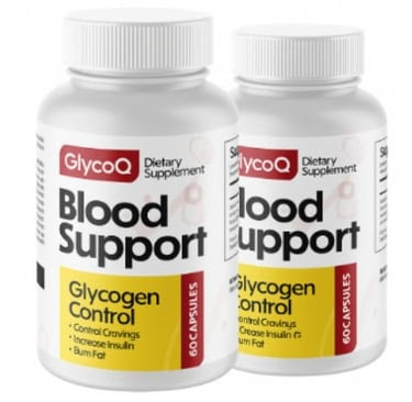 Two bottles of GlycoQ Blood Support glycogen control capsules