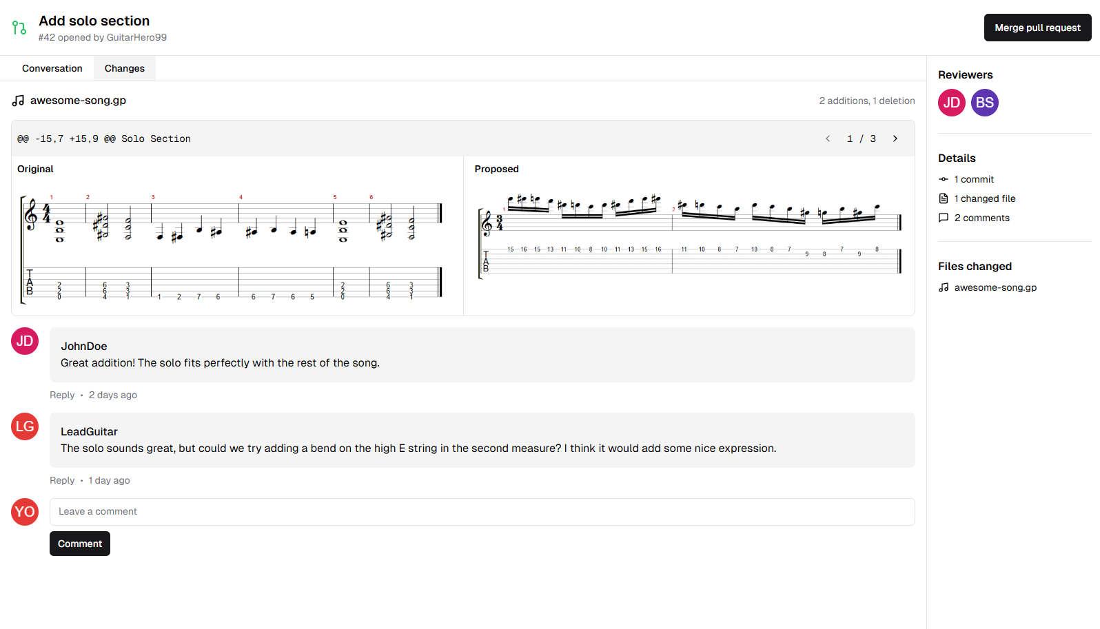 Guitar Tab Version Control Interface showing a pull request with musical notation and comments