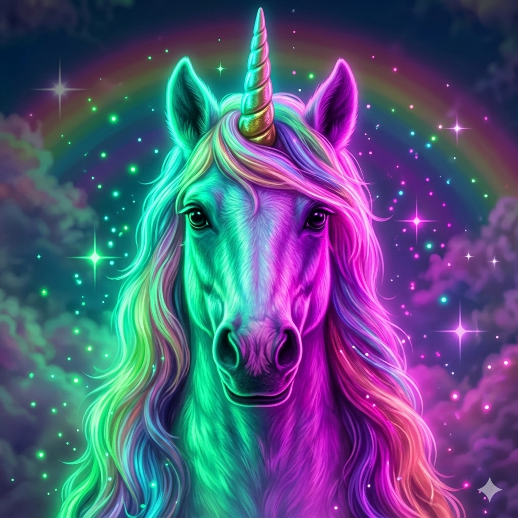 Neon rainbow unicorn floating in a star-filled cosmic sky