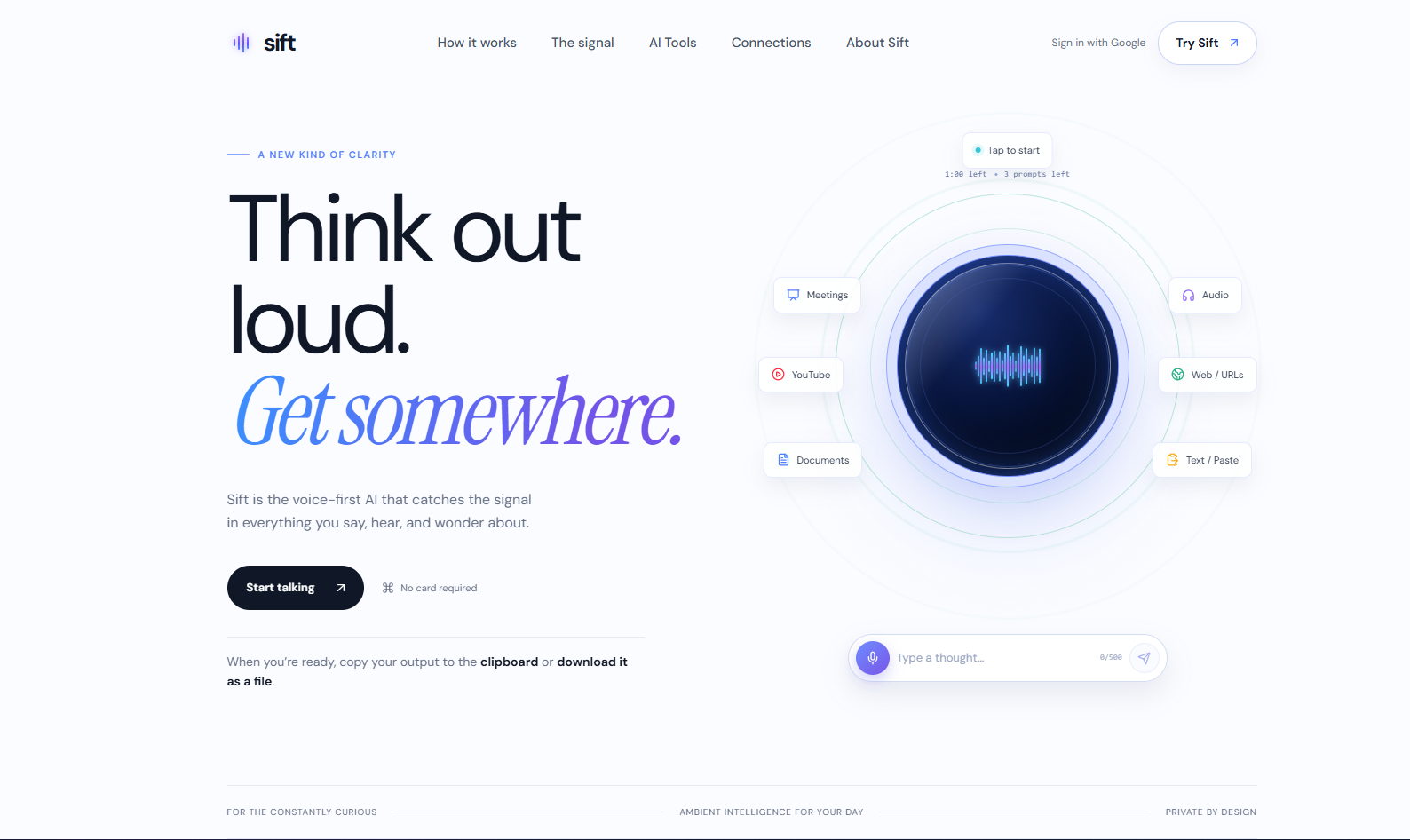 Sift voice-first AI product homepage with an audio interface and connected tools
