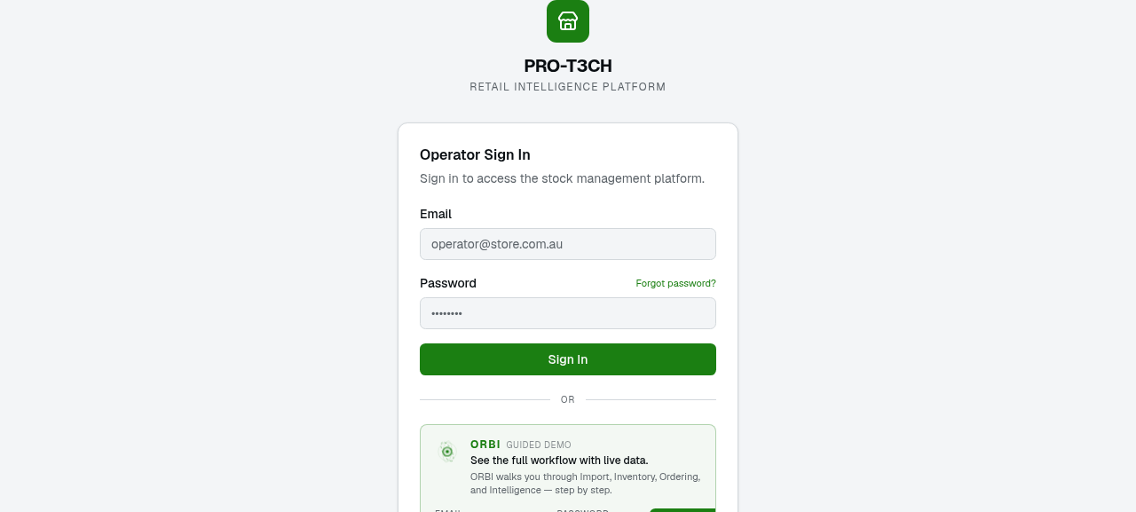 PRO-T3CH Retail Intelligence Platform — Operator Sign In screen with ORBI guided demo