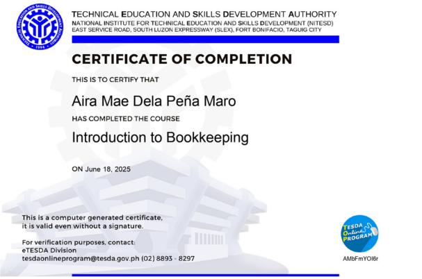 Bookkeeping Certificate