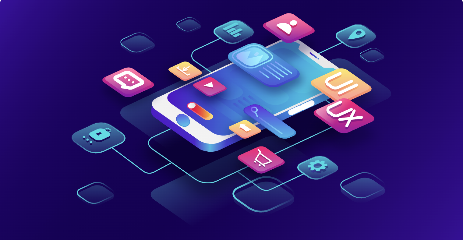 Modern UI/UX technology illustration showing apps and devices